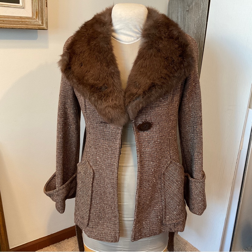 Vintage 60's tweed/wool/fur fitted coat-patch pockets, bell sleeves w/cuffs